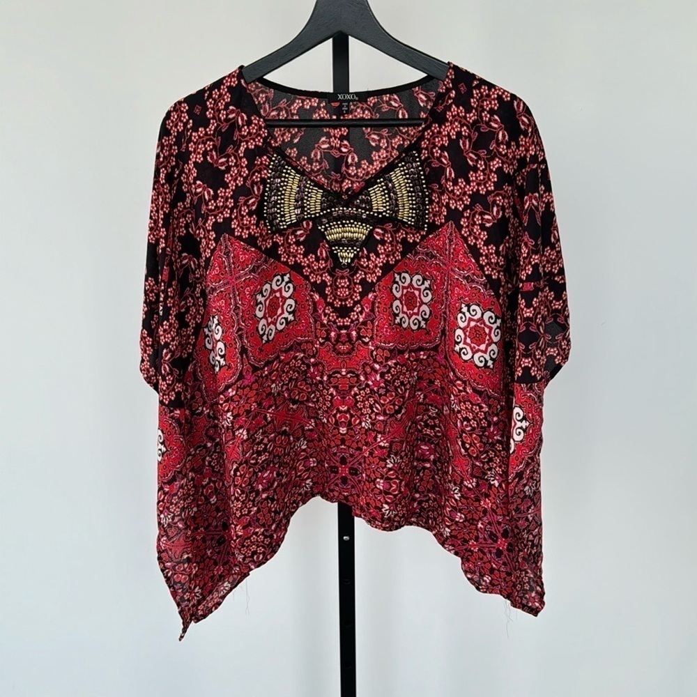 XOXO Women’s Multicolor Black Red & White Flowy Top with Sequin Design Size S